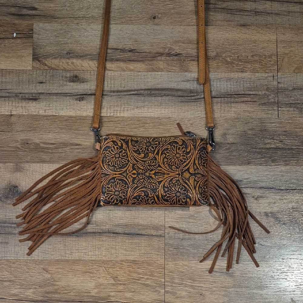 Montana West Tan Floral Crossbody Bag with Fringe